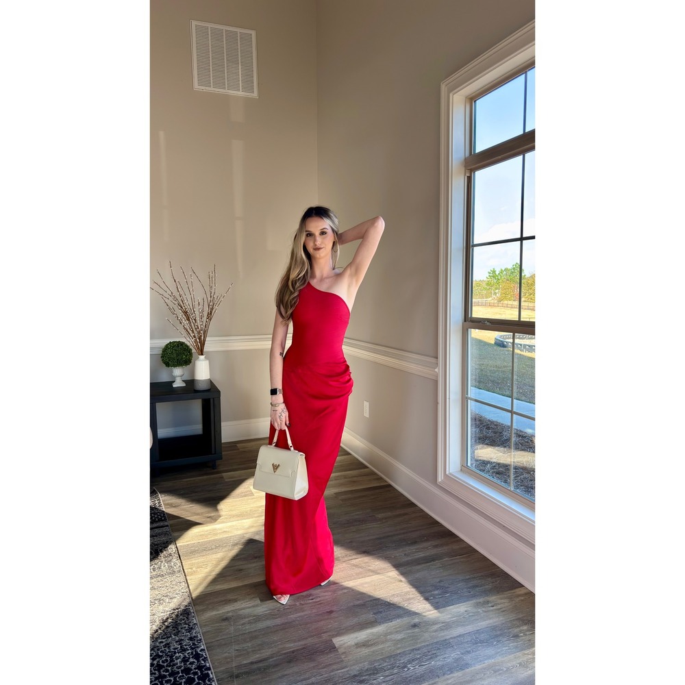 Fashion Nova One Shoulder Maxi Dress Women Red Excellent Ruched Bandage Gown